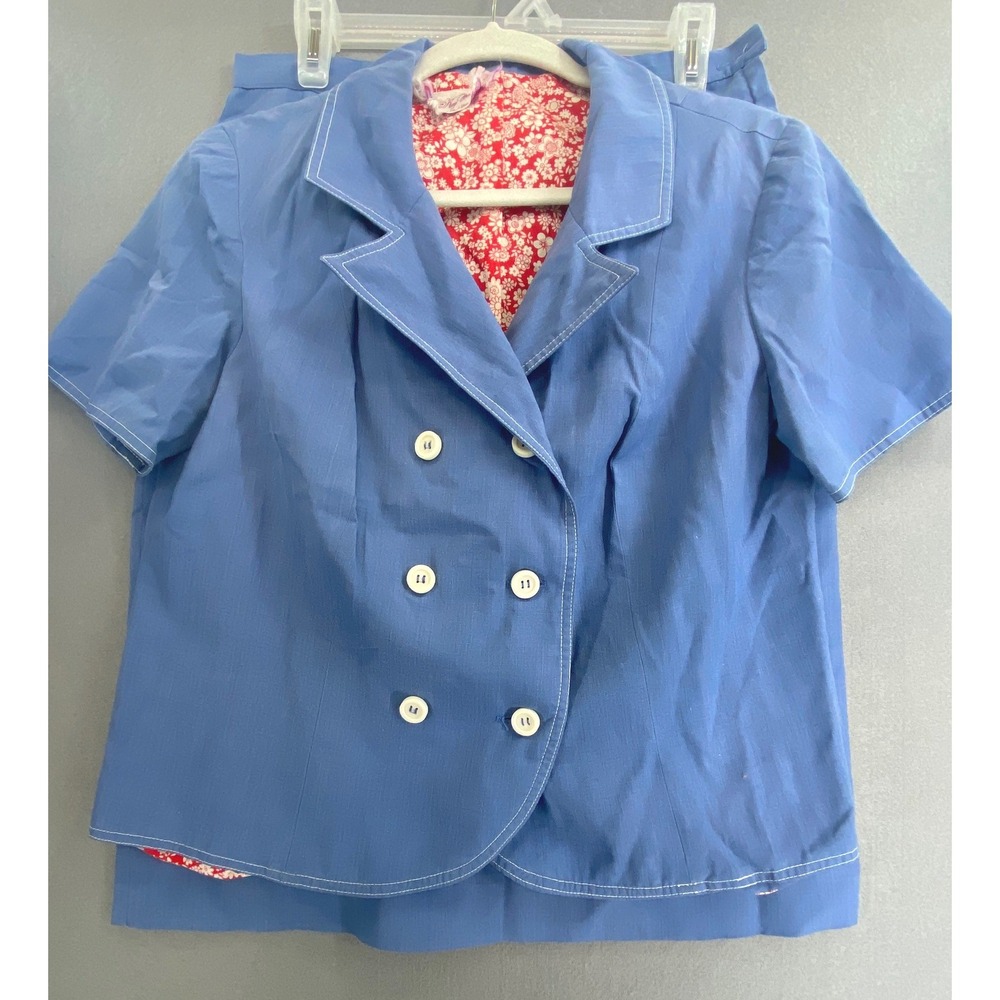 Vintage Kay Windsor Blue Skirt Suit Set Short Sleeve Stitch Floral Lined‎